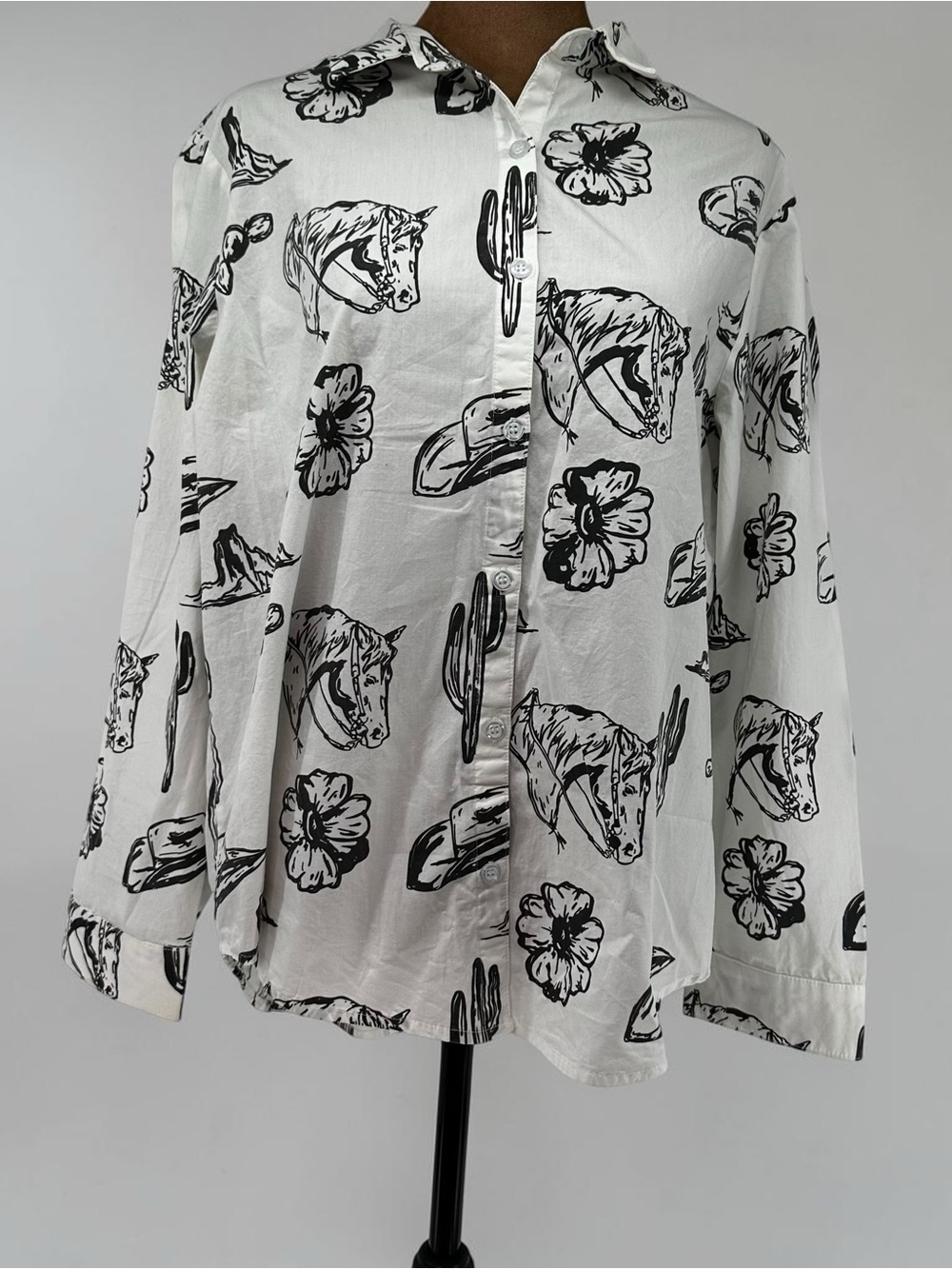 Women’s White Button-Down Shirt with Black Western Print